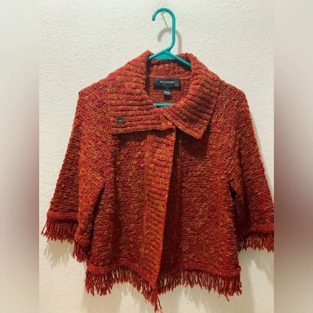 St. John Sweater Jacket Burnt Red Orange Acetate Wool Fringe Signature Logo Sz S
